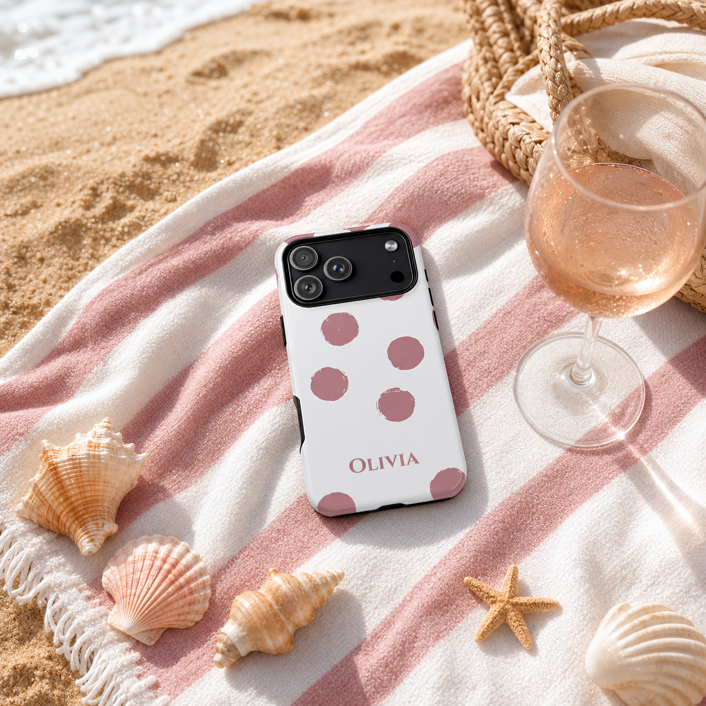 A white phone case with pink polka dots and the name 'OLIVIA' printed in pink, shown on a beach towel on a sandy beach with seashells, a starfish, a glass of rosé wine, and a woven basket.