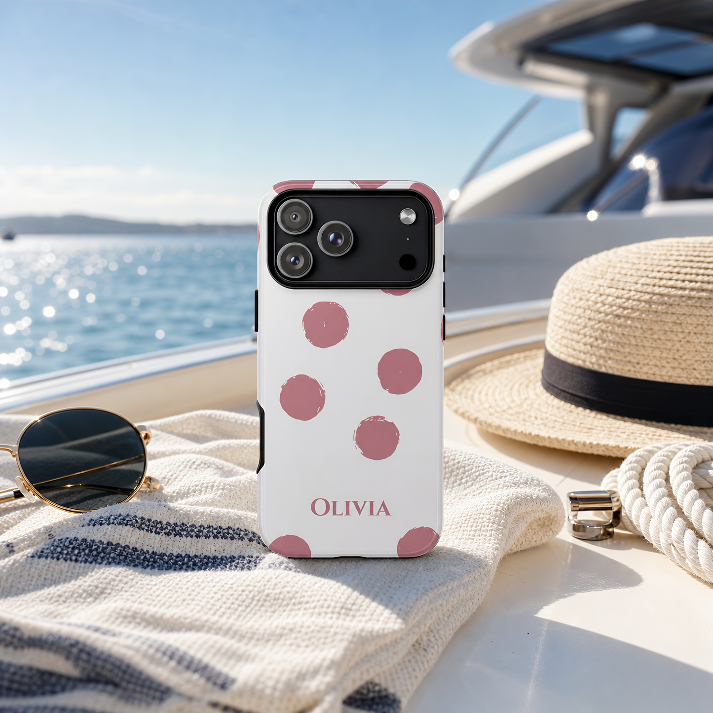 A white phone case with pink polka dots and the name 'OLIVIA' printed at the bottom, shown on a boat deck with sunglasses, a straw hat, rope, and blue water in the background.