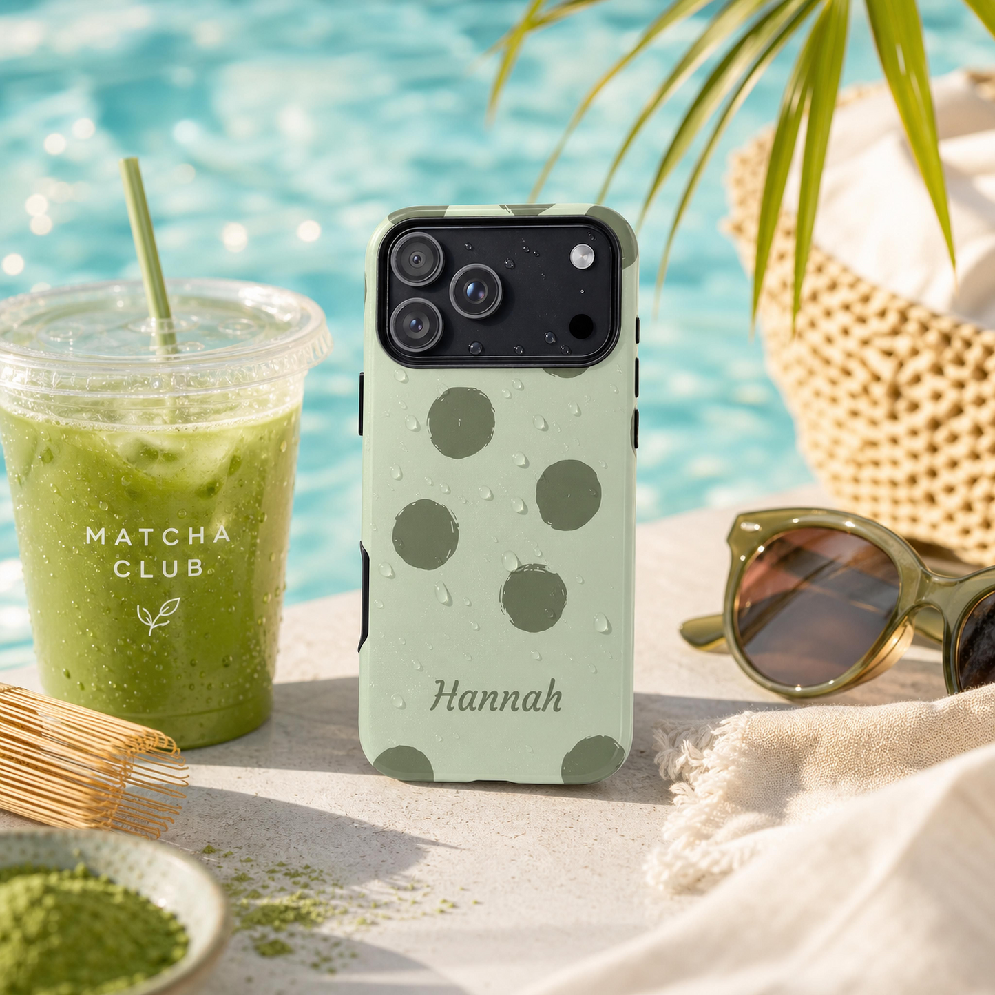 Personalized Sage Green Polka Dot Phone Case – Custom Name Matcha Aesthetic