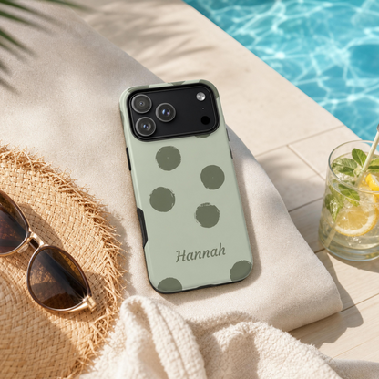 Personalized Sage Green Polka Dot Phone Case – Custom Name Matcha Aesthetic