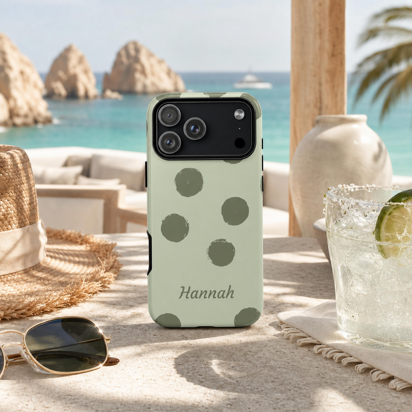 Personalized Sage Green Polka Dot Phone Case – Custom Name Matcha Aesthetic