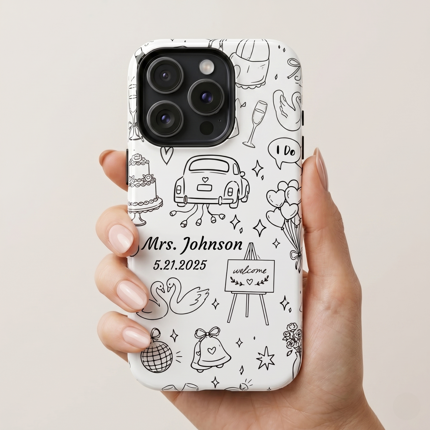 White wedding gift phone case with whimsical sketch style bridal art and custom name and wedding date print