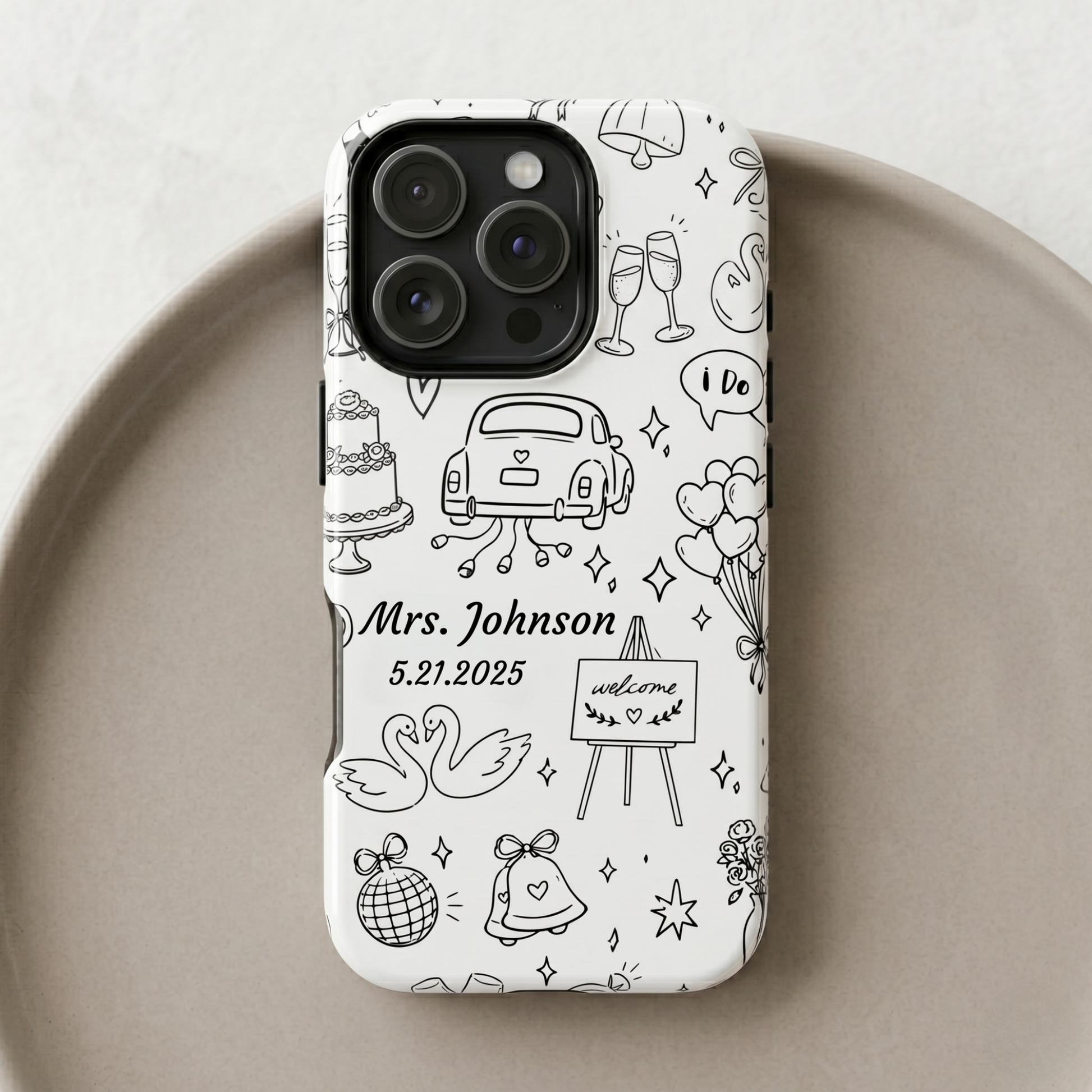 Custom bride phone case featuring hand-drawn wedding icons including cake, getaway car, swans and bells with personalized name and date