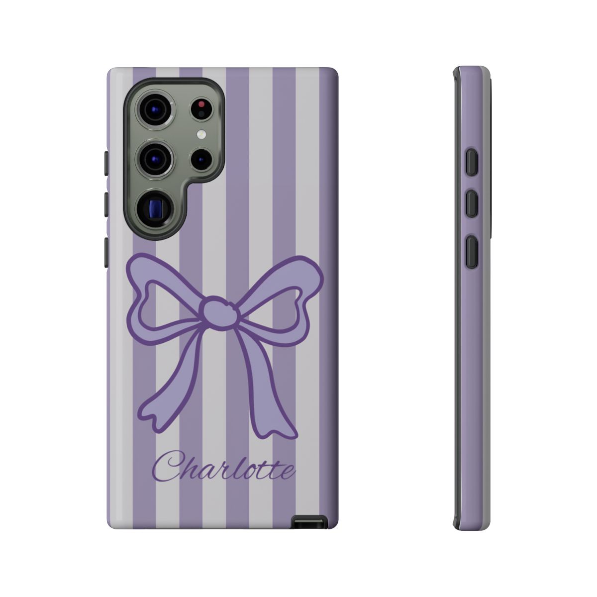 Personalized Lavender Bow Phone Case – Purple Striped Coquette Ribbon Aesthetic
