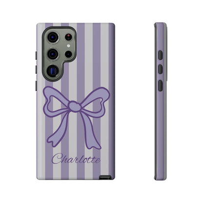 Personalized Lavender Bow Phone Case – Purple Striped Coquette Ribbon Aesthetic