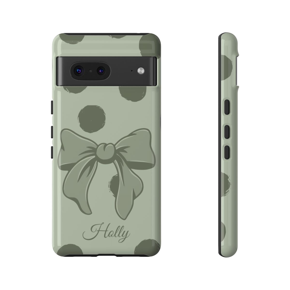 Personalized Sage Green Polka Dot Bow Phone Case – Custom Name Coquette Aesthetic