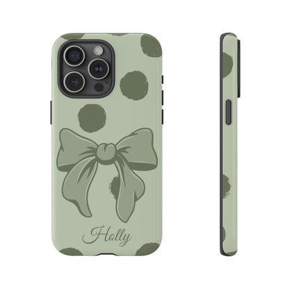 Personalized Sage Green Polka Dot Bow Phone Case – Custom Name Coquette Aesthetic