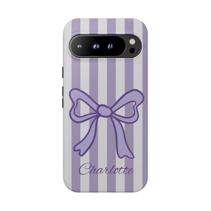 Personalized Lavender Bow Phone Case – Purple Striped Coquette Ribbon Aesthetic