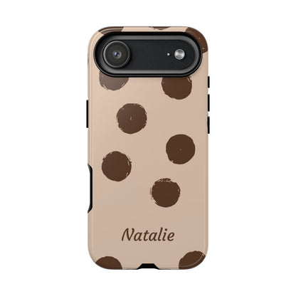Personalized Brown Polka Dot Phone Case – Custom Name Neutral Boho Aesthetic