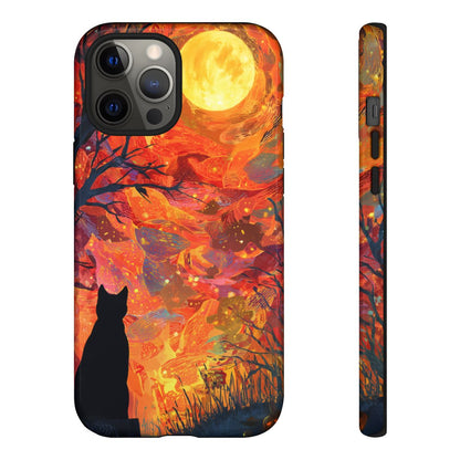 Impressionist style phone case featuring a black cat in a fiery fall landscape with golden light accents.