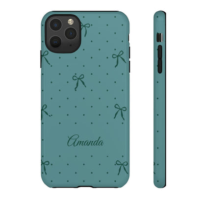 Personalized Teal Bow Phone Case – Custom Name Coquette Polka Dot Aesthetic