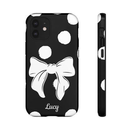 Personalized Black Polka Dot Bow Phone Case – Custom Name Coquette Retro Aesthetic