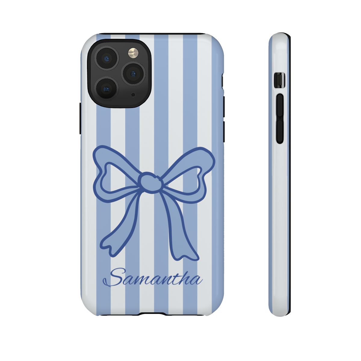 Personalized Coquette Bow Phone Case – Blue Striped Preppy Ribbon Aesthetic
