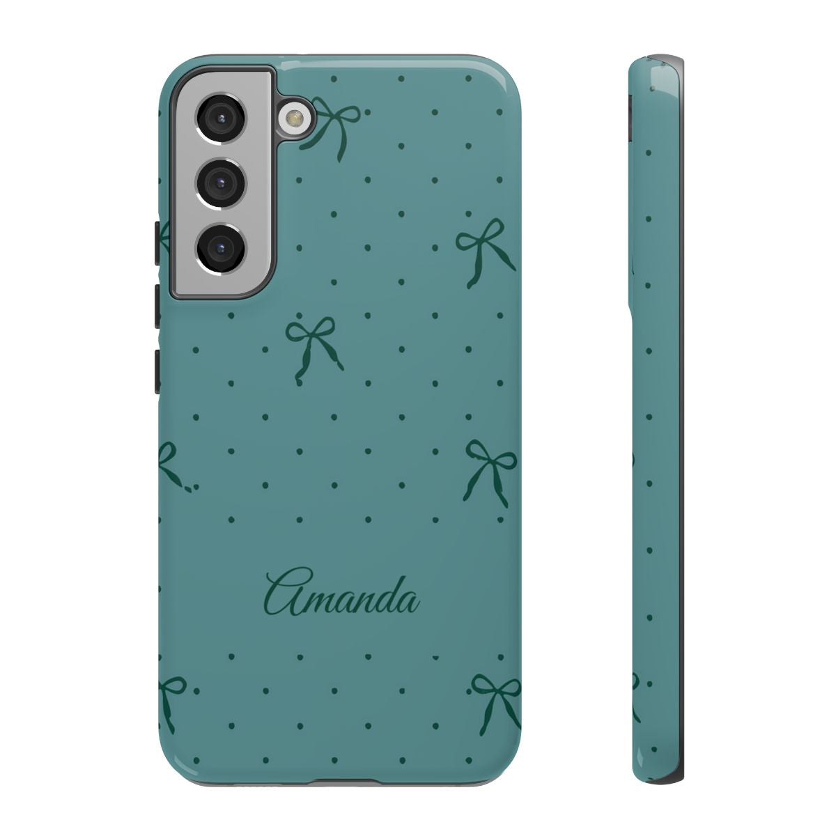Personalized Teal Bow Phone Case – Custom Name Coquette Polka Dot Aesthetic