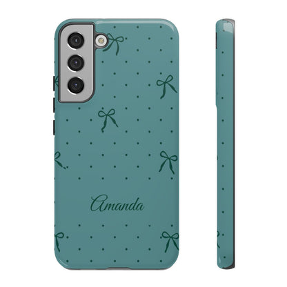 Personalized Teal Bow Phone Case – Custom Name Coquette Polka Dot Aesthetic