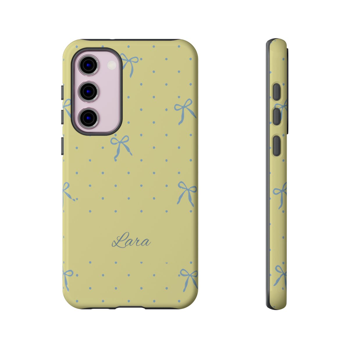 Personalized Yellow Bow Phone Case – Custom Name Blue Polka Dot Aesthetic