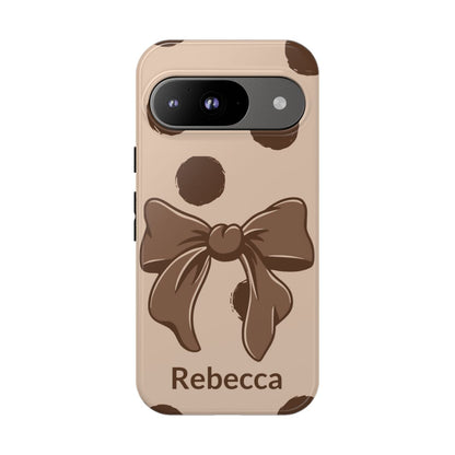 Personalized Brown Polka Dot Bow Phone Case – Custom Name Coquette Retro Aesthetic