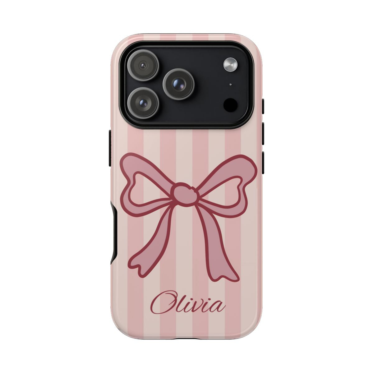 Personalized Pink Bow Phone Case – Soft Pastel Striped Coquette Aesthetic