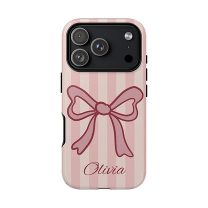 Personalized Pink Bow Phone Case – Soft Pastel Striped Coquette Aesthetic