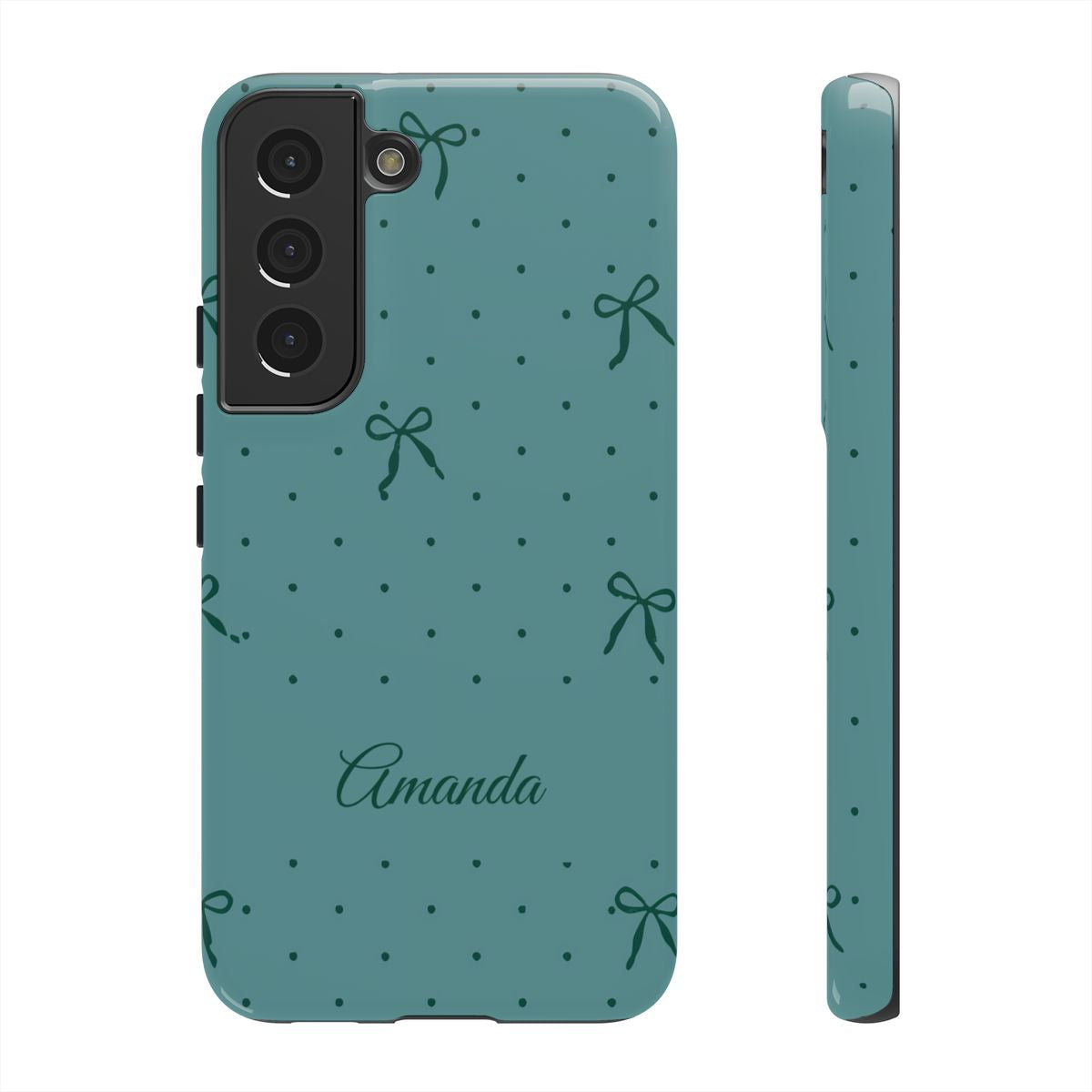 Personalized Teal Bow Phone Case – Custom Name Coquette Polka Dot Aesthetic