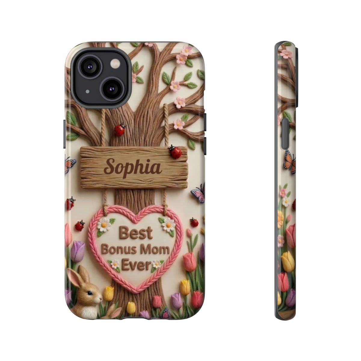Personalized Bonus Mom Phone Case – Custom Name Clay Spring Garden Aesthetic
