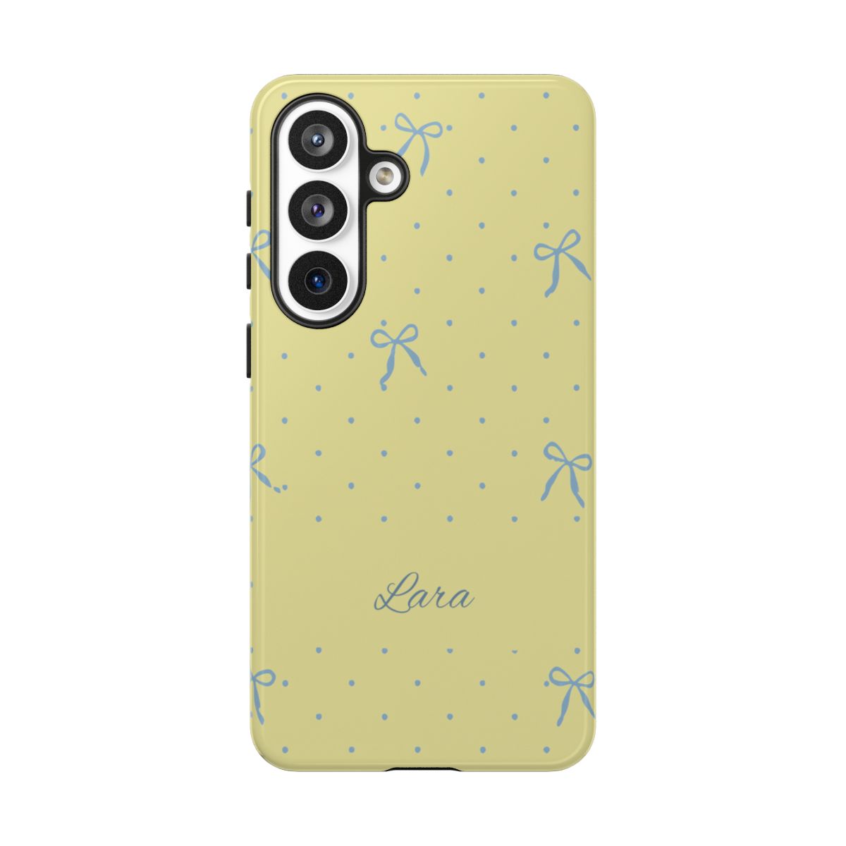Personalized Yellow Bow Phone Case – Custom Name Blue Polka Dot Aesthetic