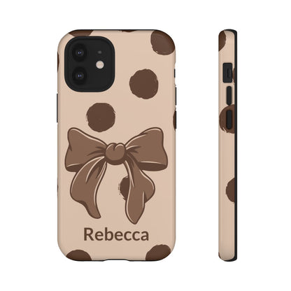 Personalized Brown Polka Dot Bow Phone Case – Custom Name Coquette Retro Aesthetic