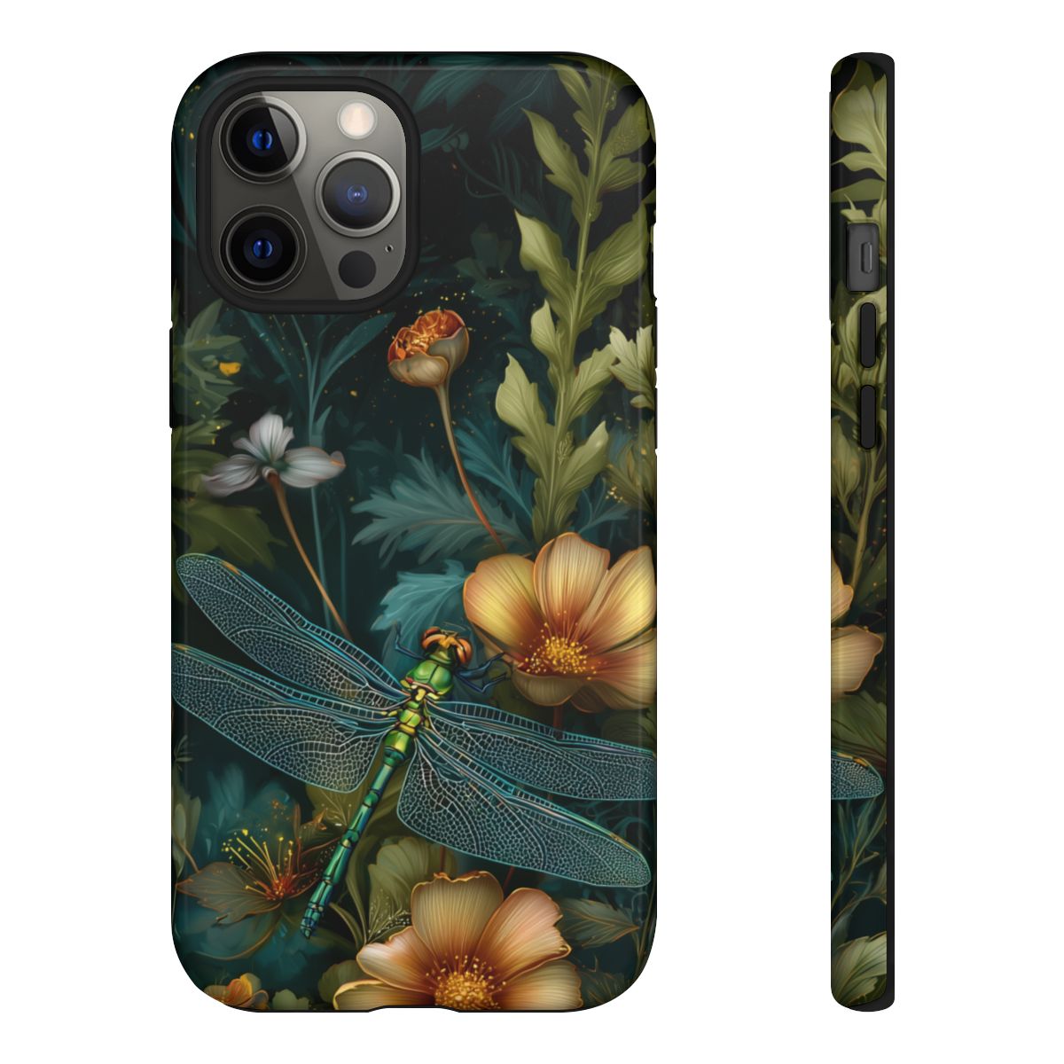 Detailed view of a dark moody floral phone case with a shimmering teal dragonfly and lush green leaves.