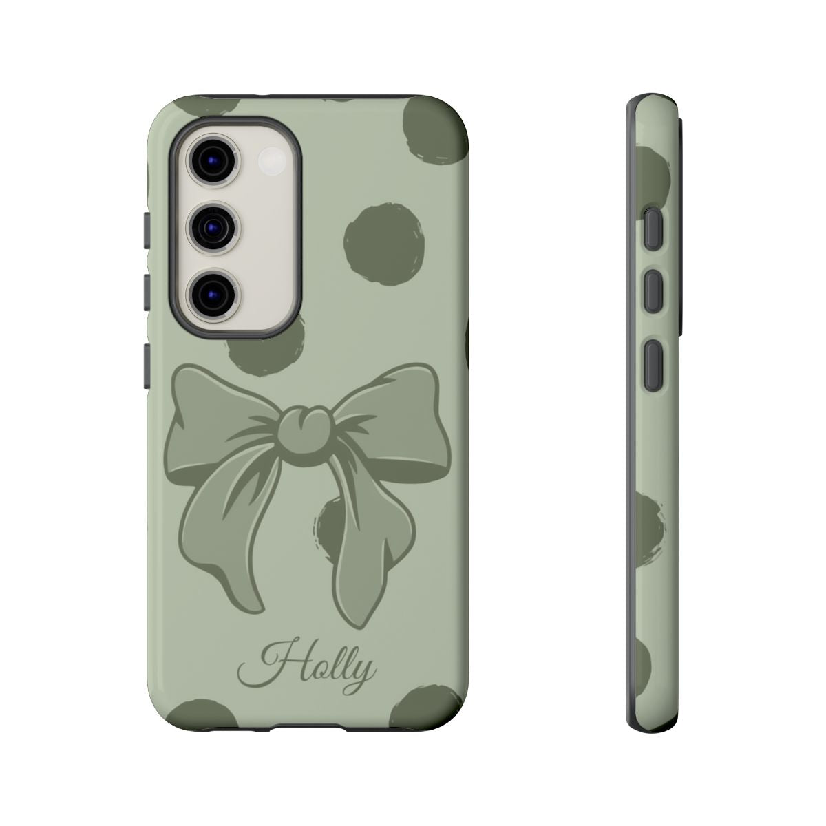 Personalized Sage Green Polka Dot Bow Phone Case – Custom Name Coquette Aesthetic