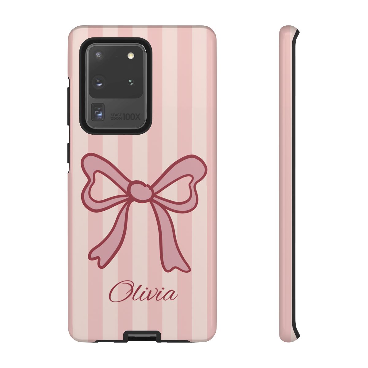 Personalized Pink Bow Phone Case – Soft Pastel Striped Coquette Aesthetic