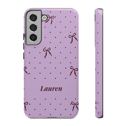 Personalized Lavender Bow Phone Case – Custom Name Polka Dot Coquette Aesthetic