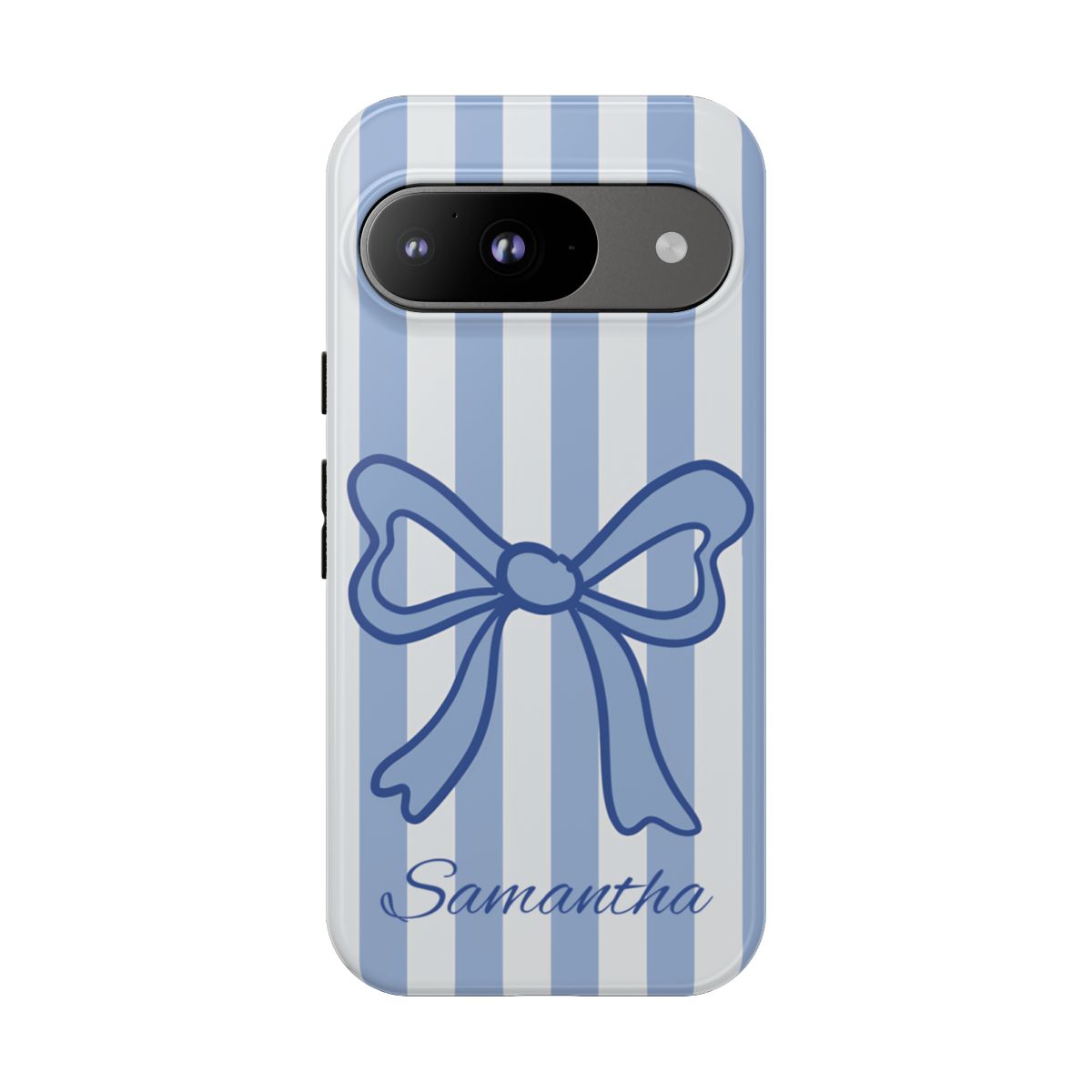Personalized Coquette Bow Phone Case – Blue Striped Preppy Ribbon Aesthetic
