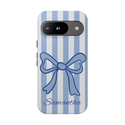 Personalized Coquette Bow Phone Case – Blue Striped Preppy Ribbon Aesthetic