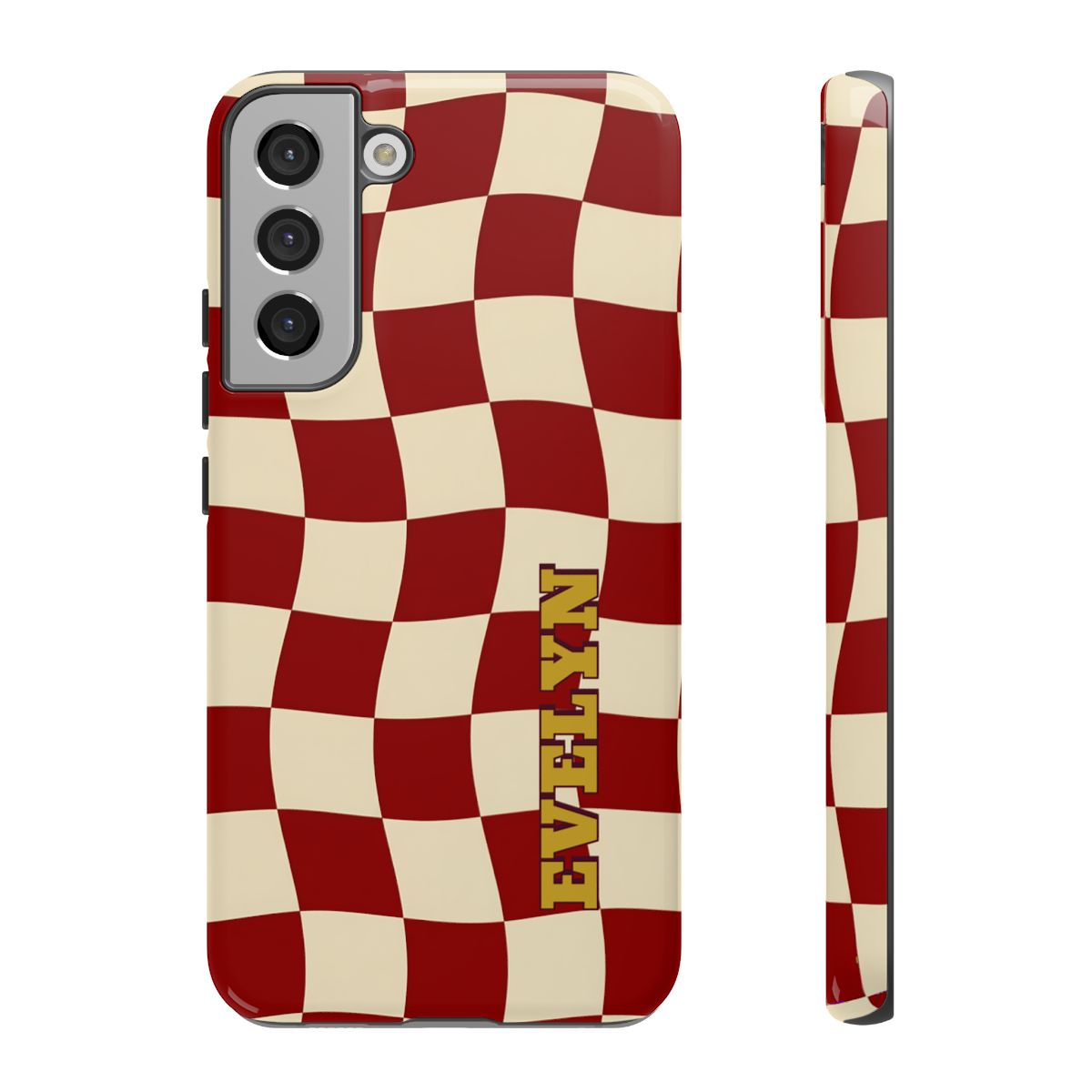 Personalized Burgundy Checkered Phone Case – Custom Name Wavy Retro Aesthetic