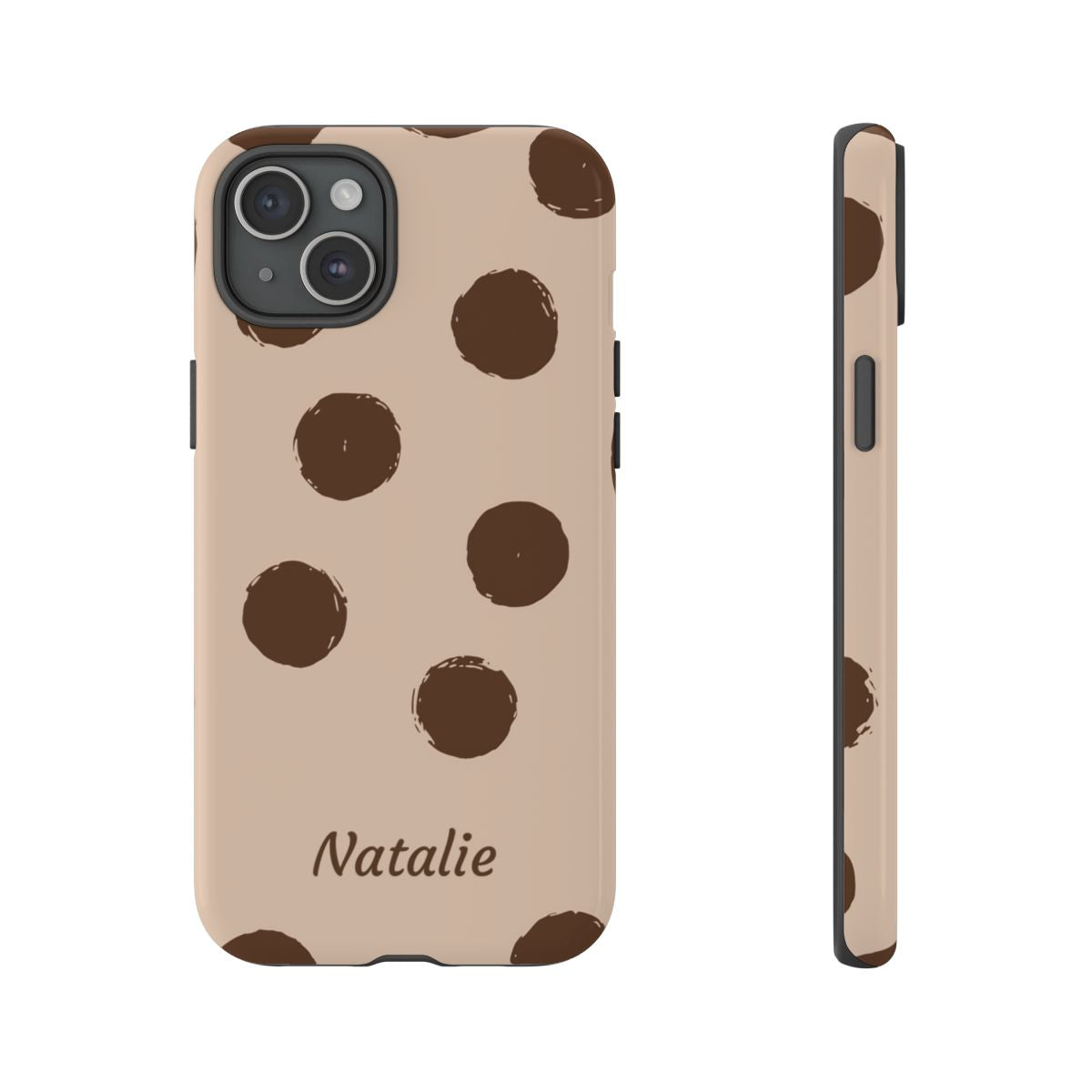 Personalized Brown Polka Dot Phone Case – Custom Name Neutral Boho Aesthetic