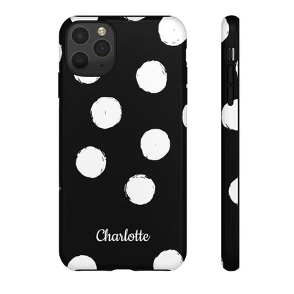 Personalized Black Polka Dot Phone Case – Custom Name Bold Monochrome Aesthetic