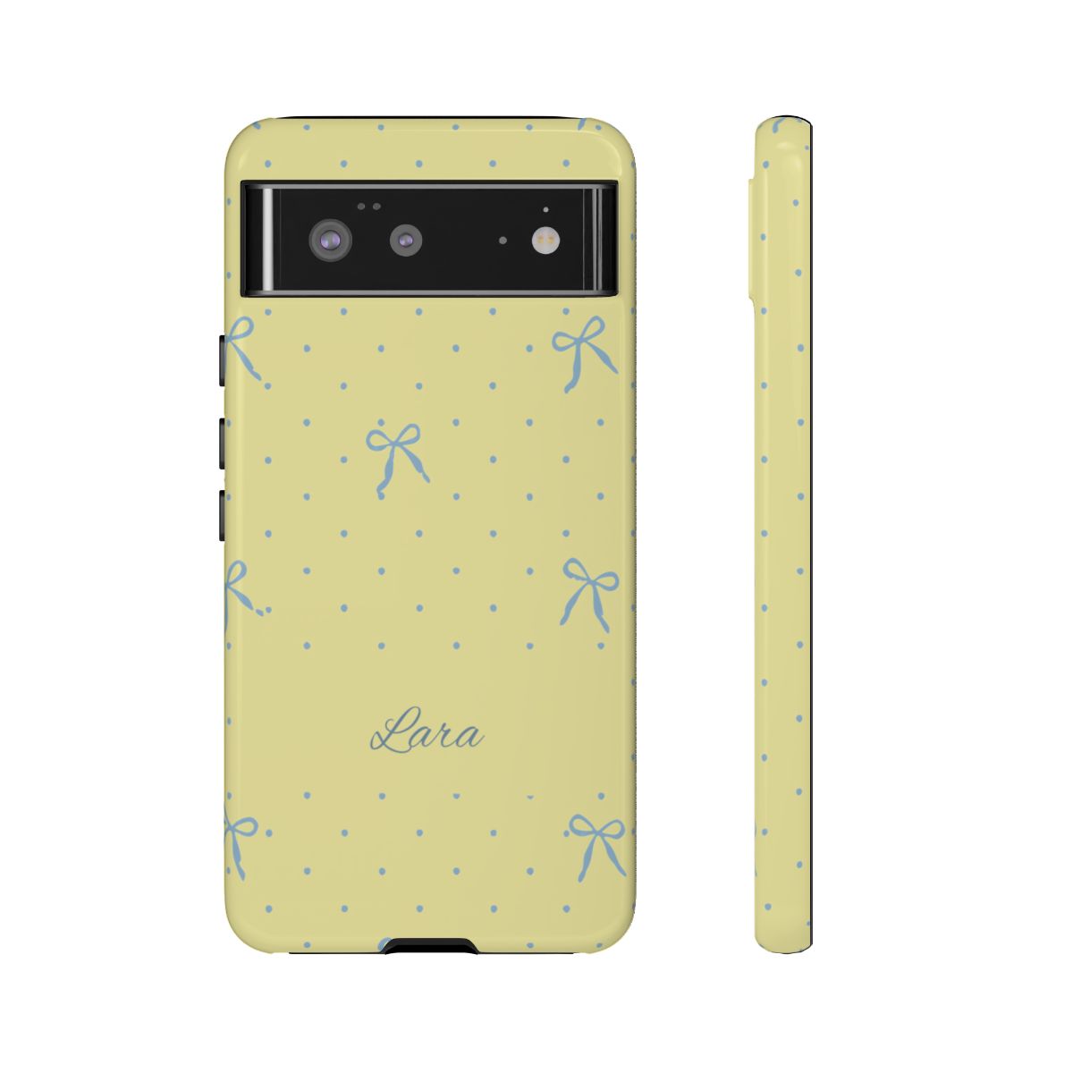 Personalized Yellow Bow Phone Case – Custom Name Blue Polka Dot Aesthetic
