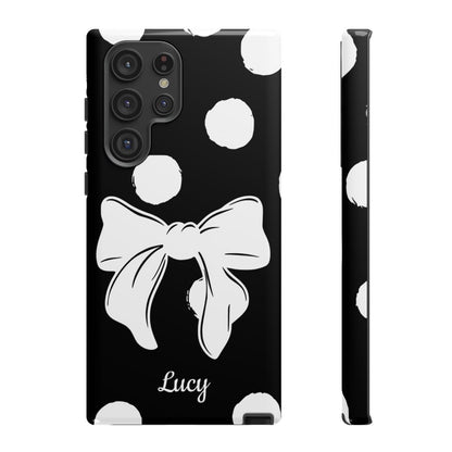 Personalized Black Polka Dot Bow Phone Case – Custom Name Coquette Retro Aesthetic