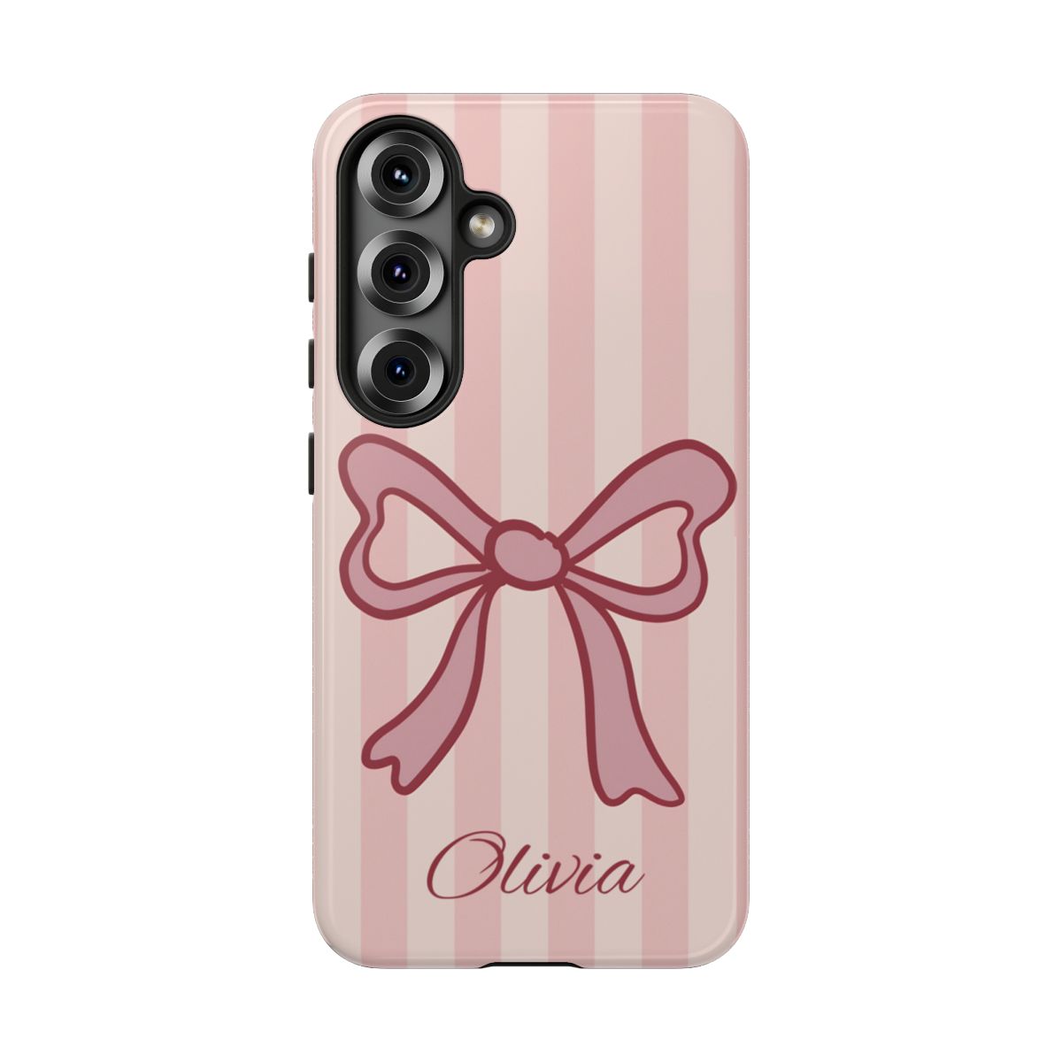 Personalized Pink Bow Phone Case – Soft Pastel Striped Coquette Aesthetic