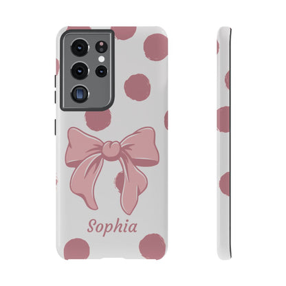 Personalized Pink Polka Dot Bow Phone Case – Custom Name Coquette Aesthetic