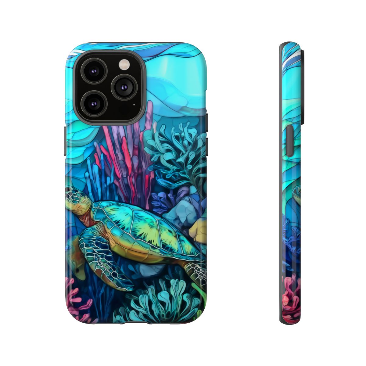 Stained Glass Turtle Phone Case – Coastal Blue Ocean Mosaic Aesthetic