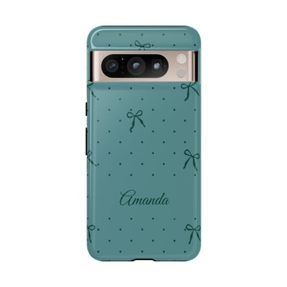 Personalized Teal Bow Phone Case – Custom Name Coquette Polka Dot Aesthetic