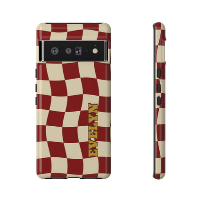 Personalized Burgundy Checkered Phone Case – Custom Name Wavy Retro Aesthetic