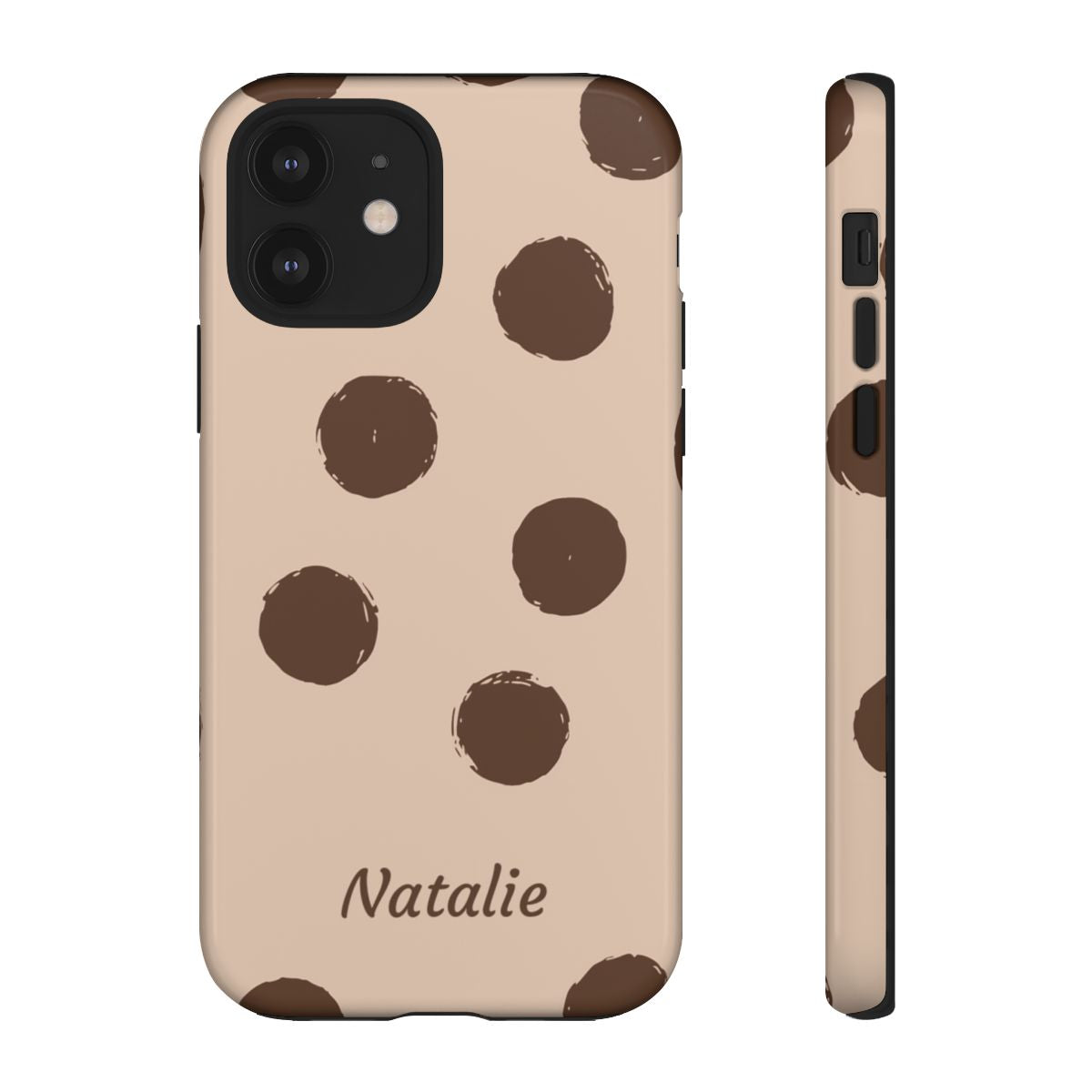 Personalized Brown Polka Dot Phone Case – Custom Name Neutral Boho Aesthetic