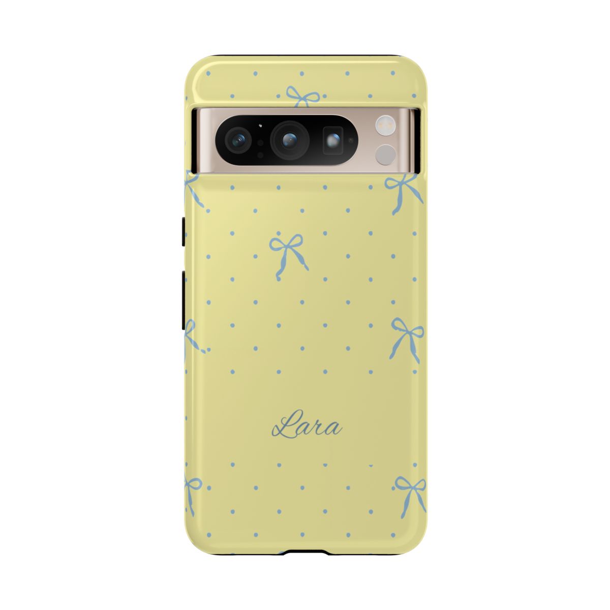 Personalized Yellow Bow Phone Case – Custom Name Blue Polka Dot Aesthetic