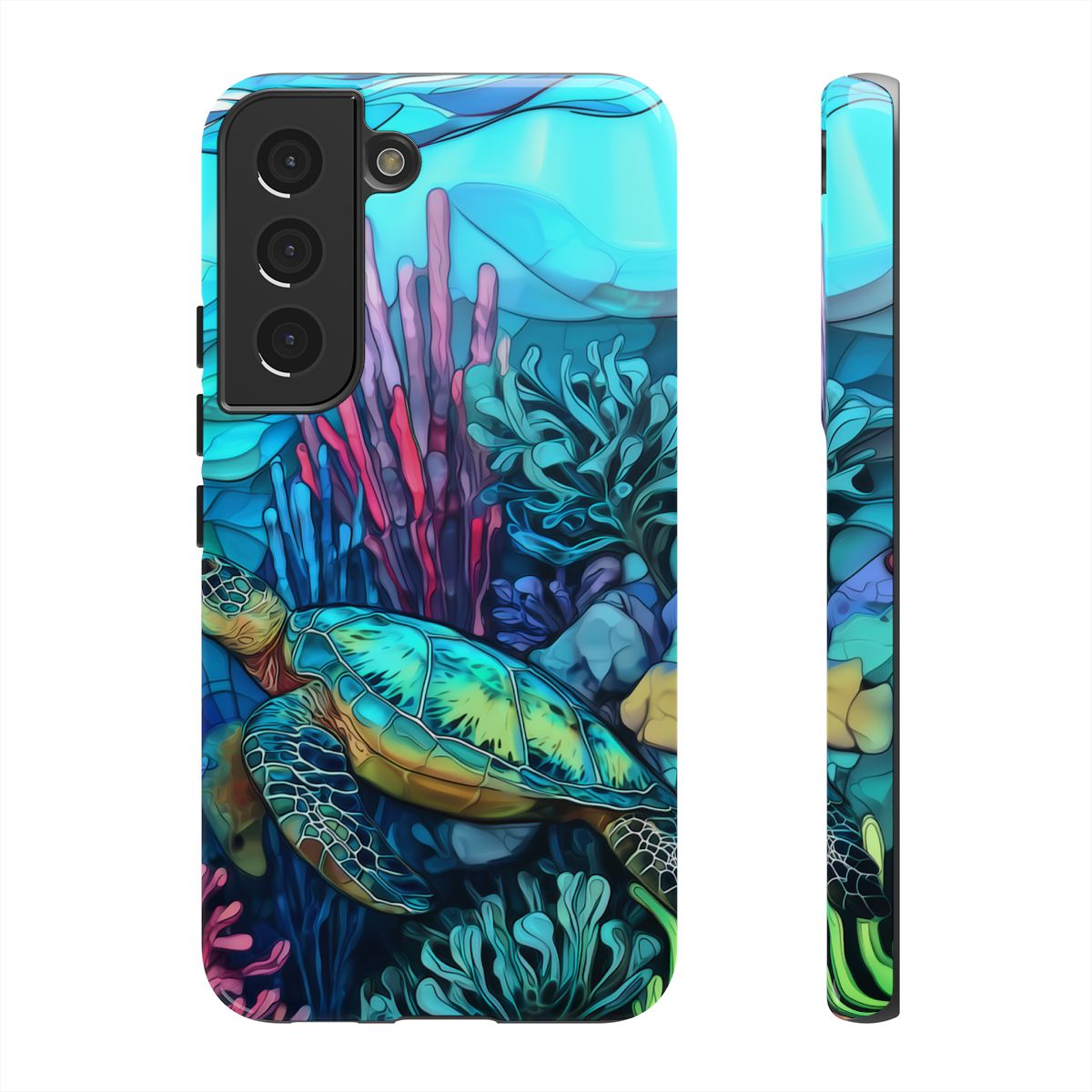 Stained Glass Turtle Phone Case – Coastal Blue Ocean Mosaic Aesthetic