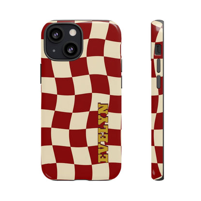 Personalized Burgundy Checkered Phone Case – Custom Name Wavy Retro Aesthetic