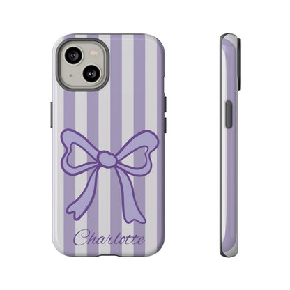 Personalized Lavender Bow Phone Case – Purple Striped Coquette Ribbon Aesthetic