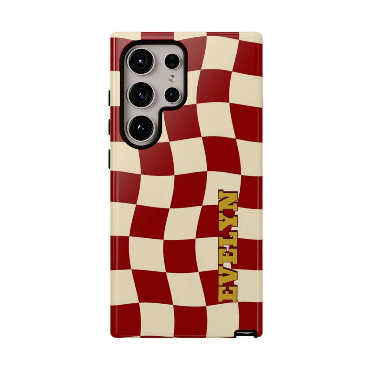 Personalized Burgundy Checkered Phone Case – Custom Name Wavy Retro Aesthetic