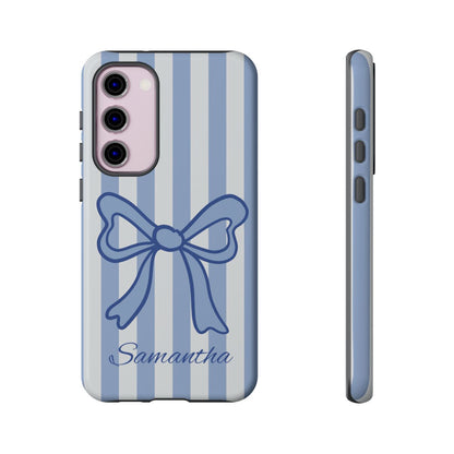 Personalized Coquette Bow Phone Case – Blue Striped Preppy Ribbon Aesthetic
